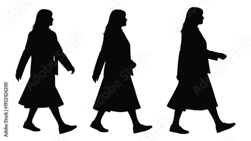 Three silhouetted women walking in different poses against a white background