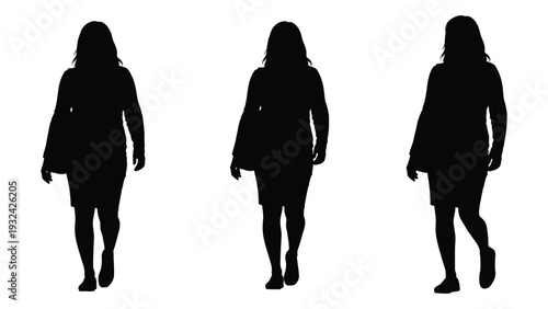 Three black silhouettes of women walking forward against a white background