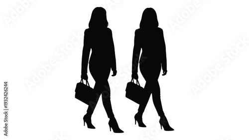 Two fashionable women walk side by side silhouetted against a white background