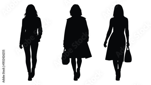 Silhouettes of three women walking each with different attire and carrying bags