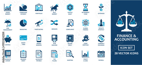Finance and Accounting solid icon set featuring stock market, portfolio, and tax filing business icons