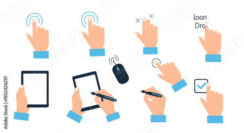 Various hand gestures interacting with technology a flat design silhouette