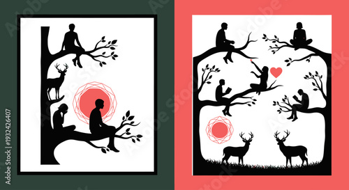 Couples and deer depicted in contrasting black paper cut silhouette