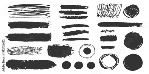 Vector collection of black grunge brush strokes and watercolor ink stains for artistic paint design elements