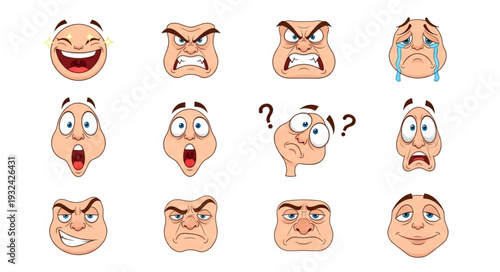Collection of expressive cartoon faces displaying various emotions and feelings.