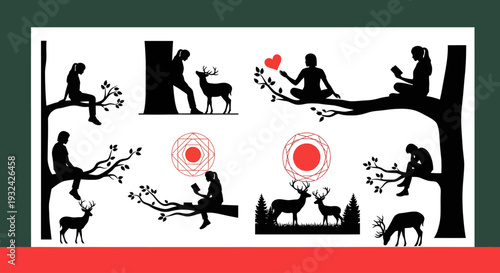 Romantic scenes with trees deer and figures in black silhouette