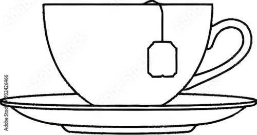 Line drawing of cup and saucer with tea bag hanging, simple outline for beverage and cafe design on background