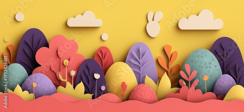 Easter bunny and egg in paper cut spring garden greeting card. Colorful paper cut scene with a white rabbit, striped egg, and flowers celebrating Easter