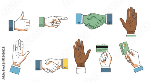 Diverse hands displaying various gestures and actions a graphic silhouette