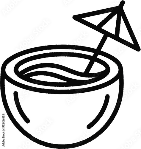 Coconut drink outline drawing, tropical beverage, umbrella, refreshment, exotic cocktail, summer drink, island refreshment, fruity beverage