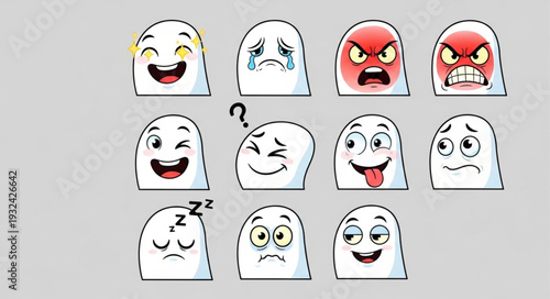 Collection of various cartoon ghost characters with different facial expressions and emotions.