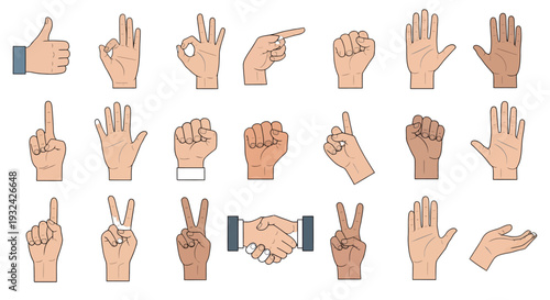 Collection of diverse hand gestures in a flat design silhouette
