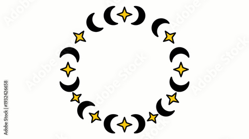 Celestial Wreath Design Featuring Crescent Moons and Stars in a Circular Arrangement