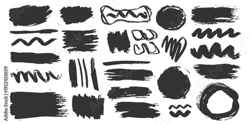 Collection of grunge textures and hand drawn ink splashes featuring vector heart symbols and colorful paint stroke patterns for artistic design elements