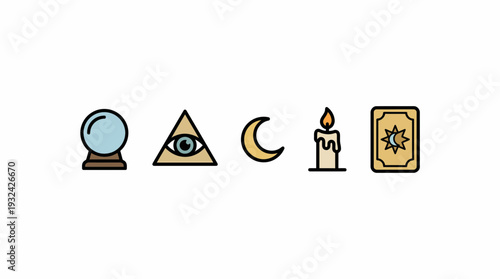Modern vector icon set depicting esoteric and celestial fortune-telling symbols crystal ball, all-seeing eye, crescent moon, lit candle, and mystic card