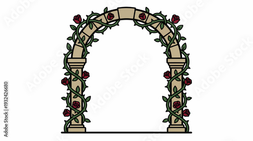 Elegant stone archway adorned with climbing red roses and green vines, perfect for garden designs and romantic event invitations