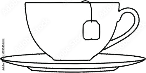 Line art drawing of tea cup with tea bag on saucer, simple elegant design, great for cafe and beverage themes, relaxing moment icon