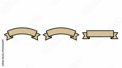 Set of three different shapes of blank neutral color ribbons, isolated on white background, perfect for design