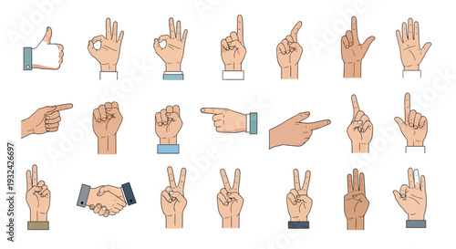 Diverse collection of hand gestures and signs a colorful silhouette