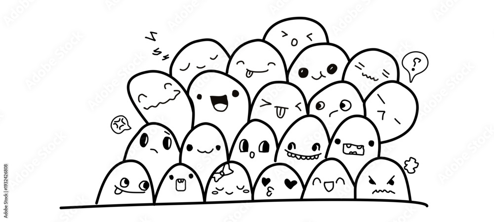 Fototapeta premium Diverse crowd of emotive faces expressing various emotions and reactions in a simple illustration from a straightforward viewpoint