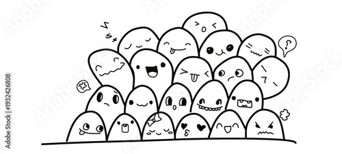 Diverse crowd of emotive faces expressing various emotions and reactions in a simple illustration from a straightforward viewpoint