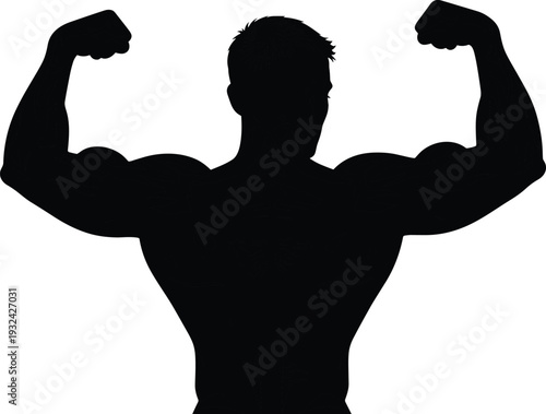 Muscular man flexing back muscles silhouette, strong male bodybuilder pose isolated on white background vector illustration