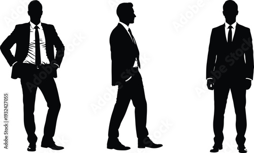 Silhouette businessmen standing posture, professional body outline, artistic black figures, modern minimalist design, abstract corporate illustration, creative stock image