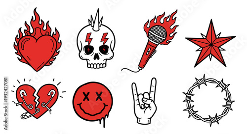 A collection of punk rock and tattoo flash style imagery silhouette