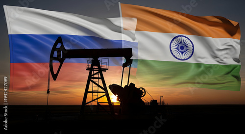 Oil Pump with Russian and Indian Flags in Silhouette against Dramatic Sunset Sky for International Energy Cooperation
