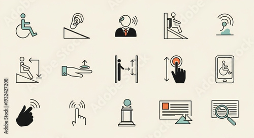 Accessibility icons representing various disabilities and inclusive design elements for public spaces.