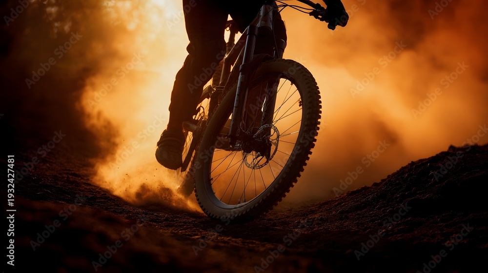 Obraz premium Dynamic mountain biker kicking up dust in golden hour light during action packed sport