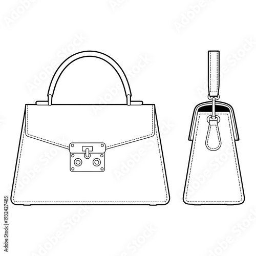 Line drawing of handbag and purse with clasp and handle