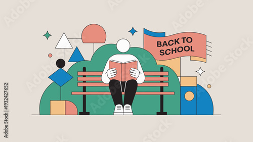 A person sits on a bench reading a book with a back to school banner in the background