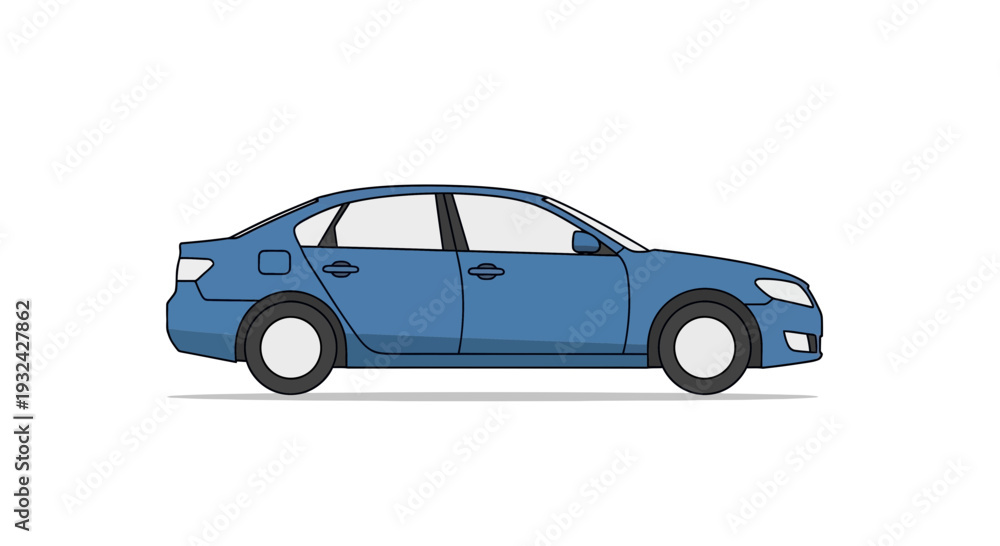 Fototapeta premium Blue sedan car, side view, illustration, white background