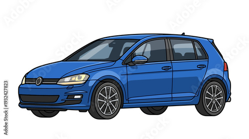 Blue Hatchback Car Illustration Isolated on White Background