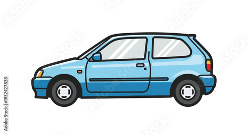 Blue hatchback car, side view, cartoon style