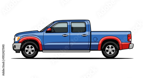 Blue pickup truck, side view, white background, illustration