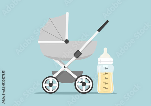 A baby stroller and feeding bottle placed beside it, viewed from the side on a calm background