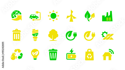 Flat green icons featuring renewable energy, recycling, eco home, electric car, and sustainability symbols.