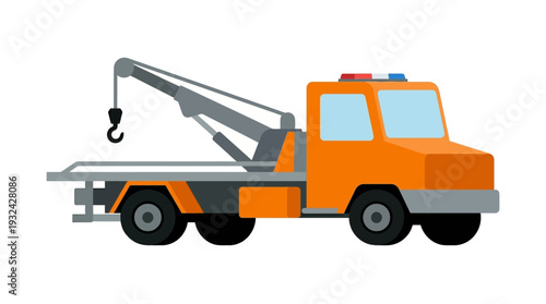Orange tow truck with hook and flatbed, isolated on white background