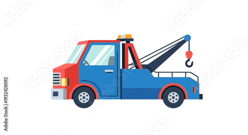 Red and Blue Tow Truck with Crane and Hook