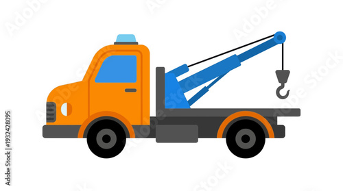Orange tow truck with blue crane arm and hook, isolated on white background.