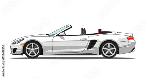 Sleek white convertible sports car side profile isolated on white background