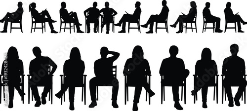 People sitting on chair silhouette collection, men and women seated poses, black isolated vector illustration on white background
