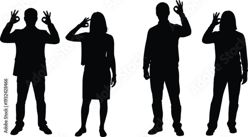Men and women showing OK hand sign silhouette, approval gesture group isolated on white background vector illustration