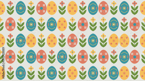 A colorful Easter egg pattern with flowers on a white background