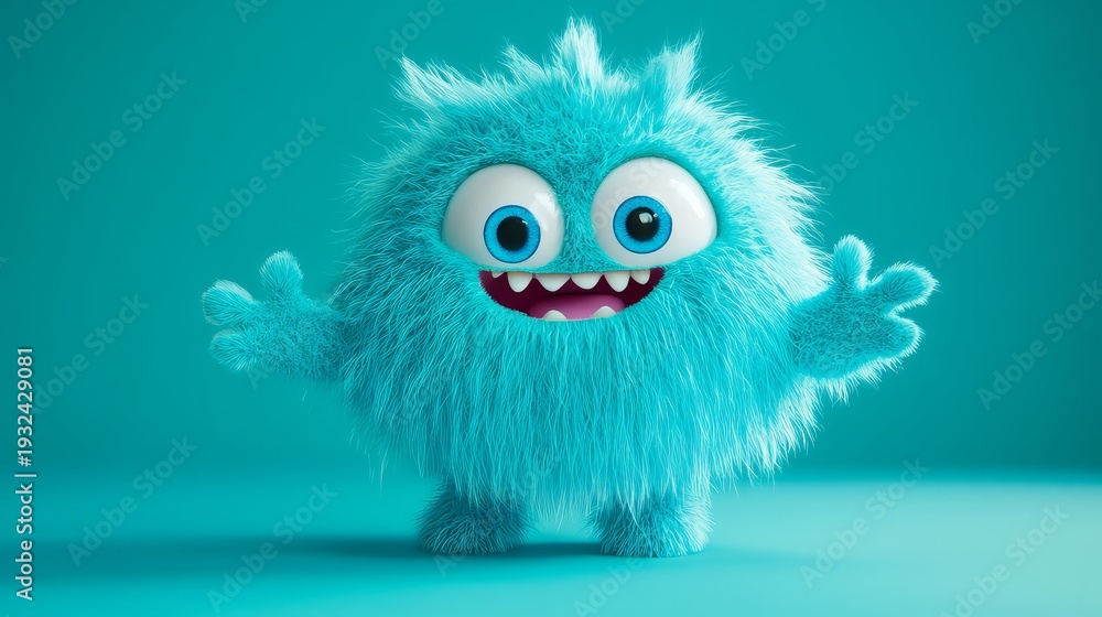 Obraz premium Furry blue monster with big eyes and teeth waving on teal background cute cartoon creature