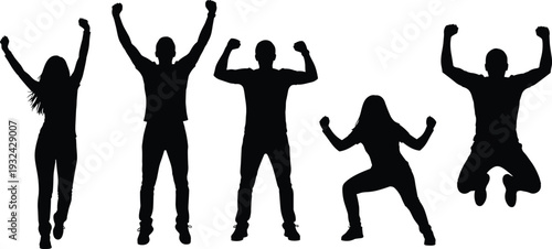 Silhouette people celebration pose, human victory outline, artistic black figures, modern minimalist design, abstract joyful illustration, creative stock image