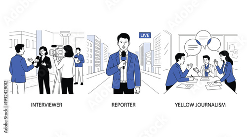Journalism Illustration Professional News Interviewer Reporter and Yellow Journalism Depicting Media Broadcasting Camera Crew and Editorial Team