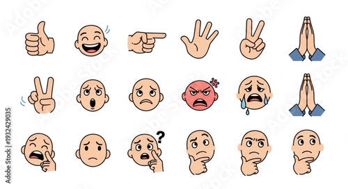 Collection of various cartoon emoji expressions and hand gestures for communication.